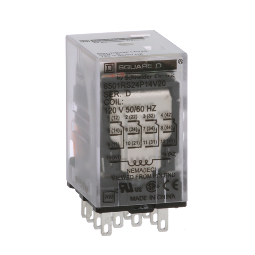 Plug in relay, Type R, miniature, 0.167 HP at 120 VAC, 3A resistive at 277 VAC, 14 blade, 4PDT, 4 NO, 4 NC, 120 VAC coil