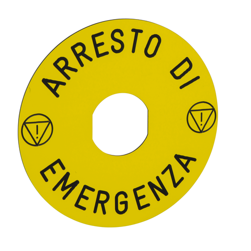 Marked legend Ø90 for emergency stop -ARRESTO DE EMERGENZA/logo ISO13850