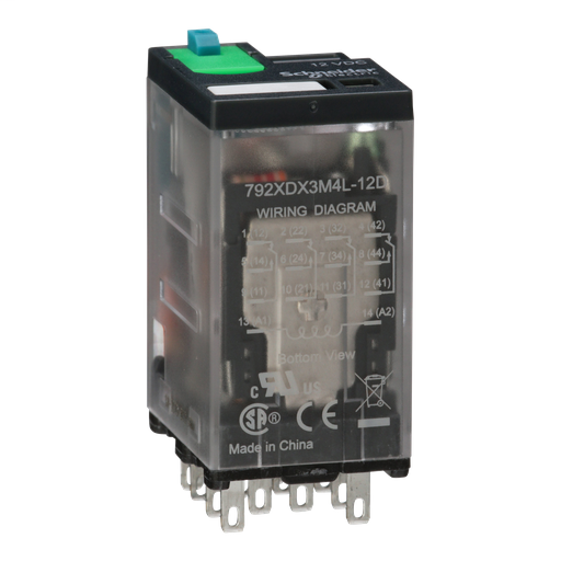 Power relay, Legacy, 4PDT, 3A, 12 VDC, cover with locking push button and LED