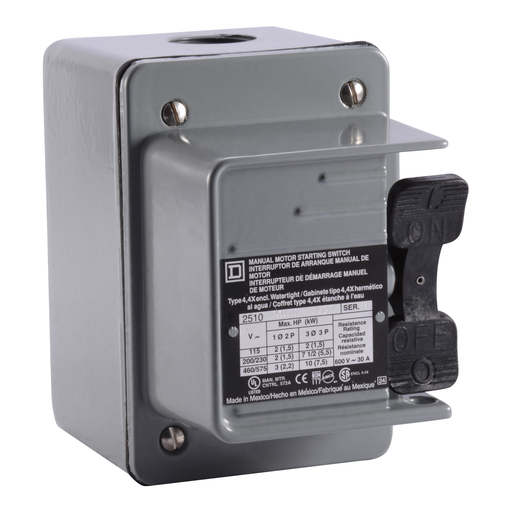 Switch, manual, 30A, 2 pole, 3 HP at 575 VAC, single phase, toggle operated, red 115 VAC indicator, NEMA 4, two conduit