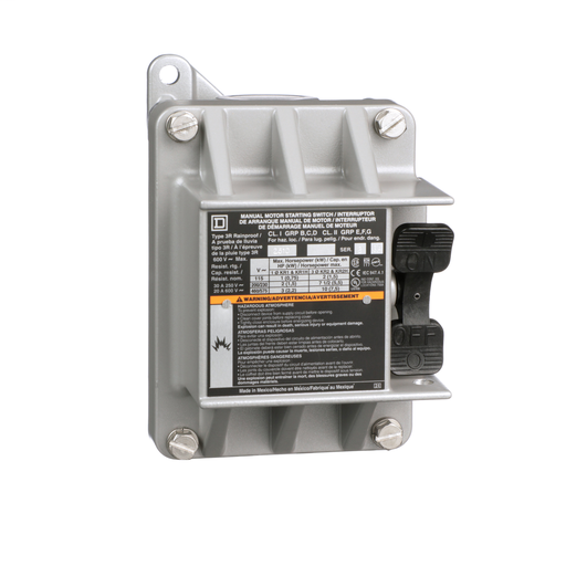 Switch, manual, 20A, 2 pole, 3 HP at 575 VAC, single phase, toggle operated, no indicator, NEMA 7&9, one conduit opening