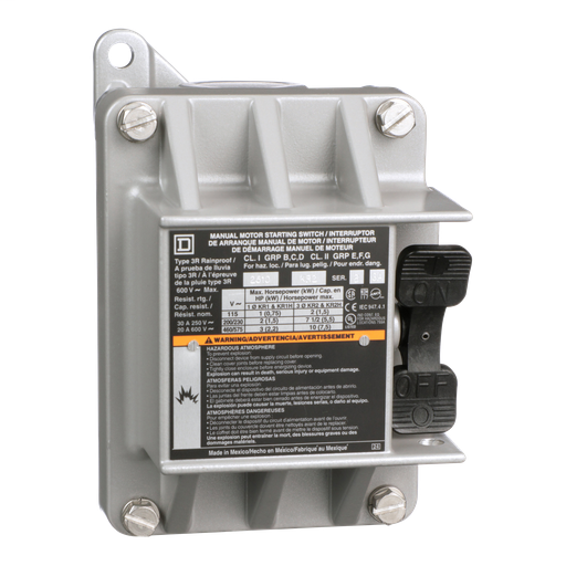 Switch, manual, 30A, 3 pole, 10 HP at 575 VAC, three phase, toggle operated, no indicator, NEMA 7/9, one conduit opening