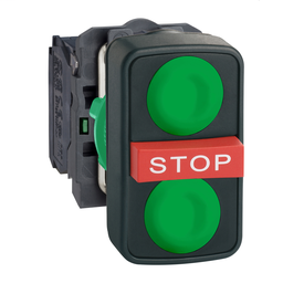 XB5AA731327 - Triple-headed push button, plastic, Ø22, marked, 1 green flush I + 1 red projecting STOP + 1 green flush II, 2 NO + 1 NC