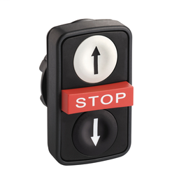 ZB5AA71124 - Triple-headed push button head, plastic, Ø22, 1 white flush UP ARROW + 1 red projecting STOP + 1 black flush DOWN ARROW