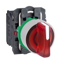 XB5AK134M5C1 - Red complete illum selector switch 3 pos stay put 230VAC 1NO+1NC cp white