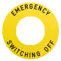 ZBY9360T - Marked legend Ø60 for emerg.switch.off – EMERGENCY SWITCHING OFF/logo ISO13850