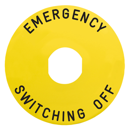 ZBY8360 - Marked legend Ø90 for emerg.switch. off – EMERGENCY SWITCHING OFF/logo ISO13850