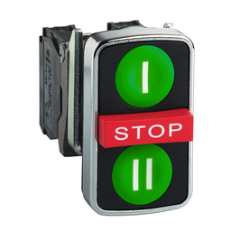 ZB4BA73132 - Triple-headed push button head, metal, Ø22, marked,1 green flush I + 1 red projecting STOP + 1 green flush II