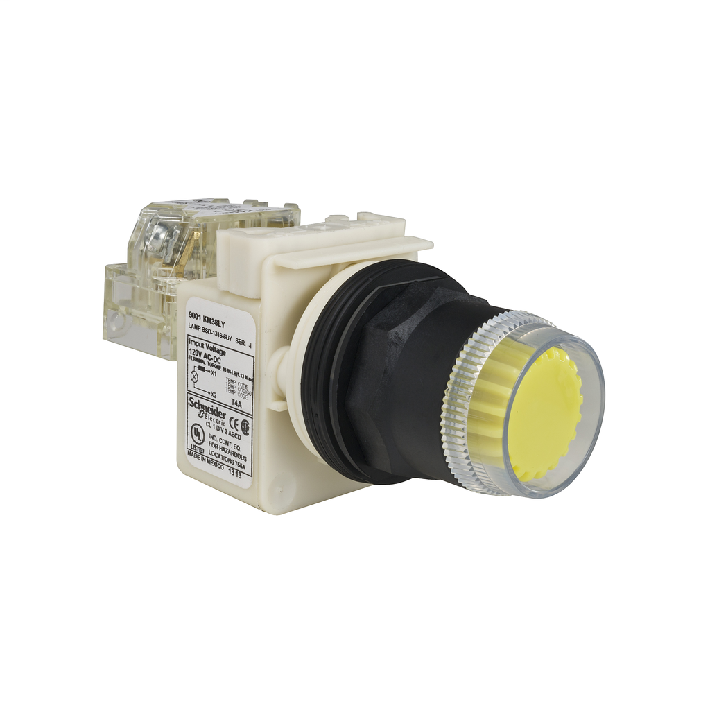 Product image for Square D 9001SK1L38LYYH13 30 mm 600 VAC Momentary 1NO 1NC Yellow Body Plastic Bezel Illuminated Push Button