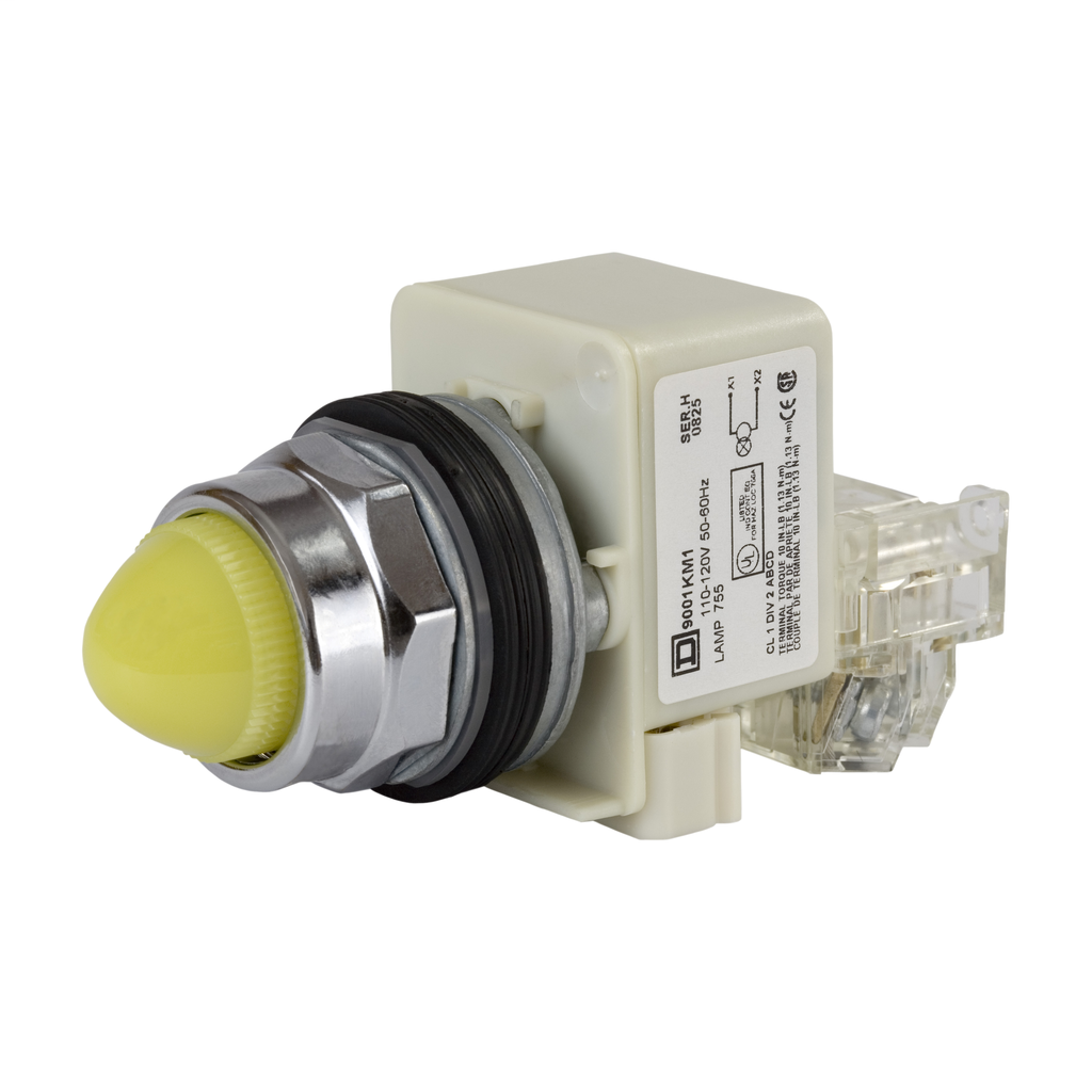 Product image for Square D 9001KT1Y9 30 mm 120 VAC Yellow Lens Metal Bezel Push to Test Round Pilot Light