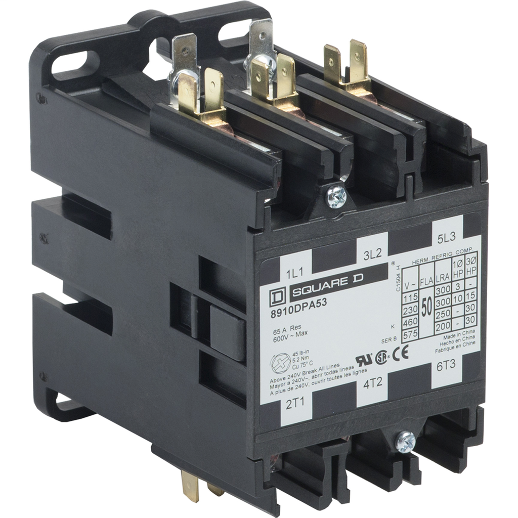 Product image for Square D 8910DPA53V07 550/600 VAC 50 Amp 3-Pole NEMA 1 Non-Reversing Definite Purpose Contactor