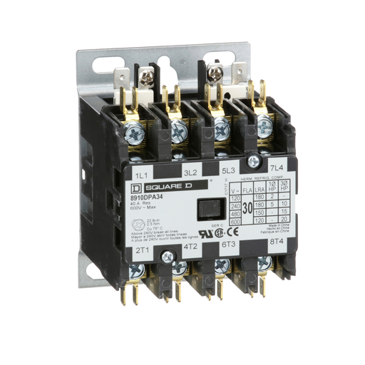 Product image for Square D 8910DPA34V06 440/480 VAC 30 Amp 4-Pole 4NO NEMA 1 Non-Reversing Definite Purpose Contactor