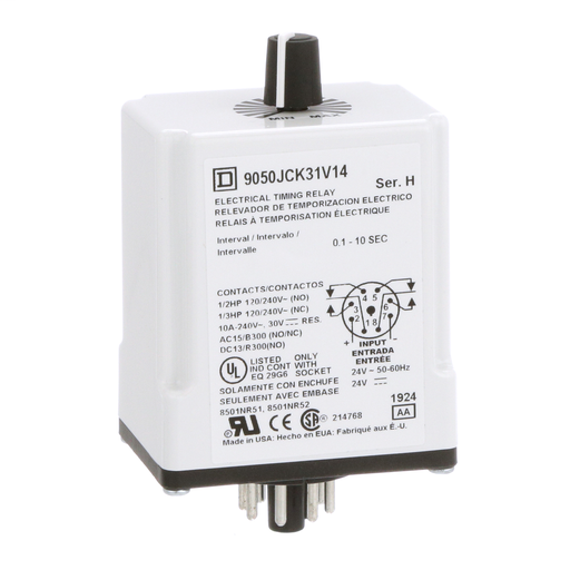 Product image for Square D 9050JCK31V14 24 VAC/VDC Coil 10 Amp DPDT Plug-In Socket Mount AC/DC Timing Relay