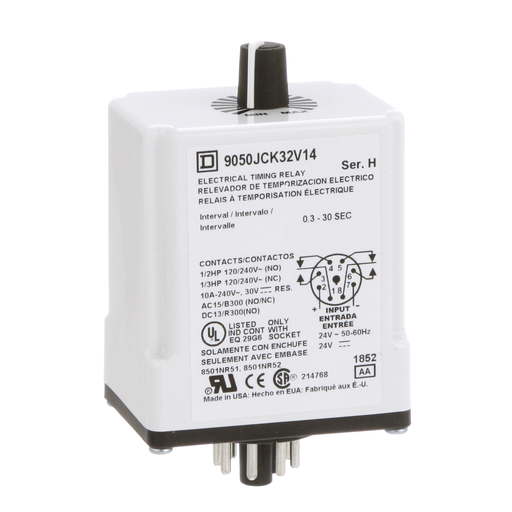 Product image for Square D 9050JCK32V14 24 VAC/VDC Coil 10 Amp DPDT Plug-In Socket Mount AC/DC Timing Relay