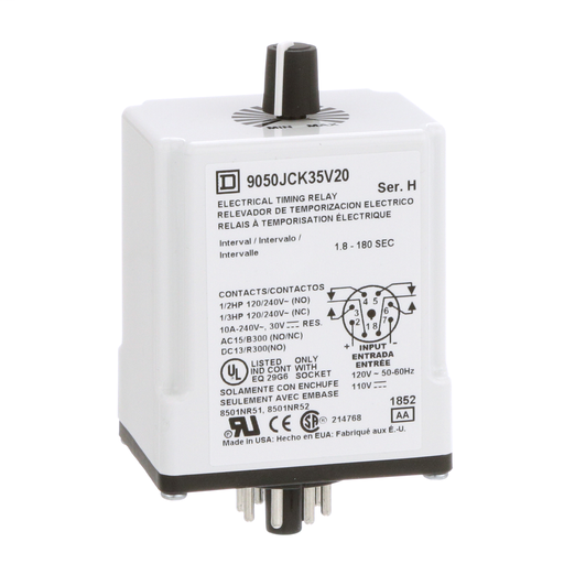 Product image for Square D 9050JCK35V20 120 VAC 110 VDC Coil 10 Amp DPDT Plug-In Socket Mount AC/DC Timing Relay