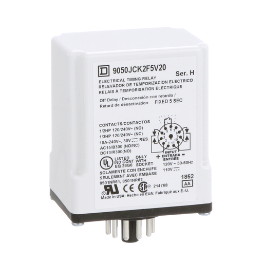 Product image for Square D 9050JCK2F5V20 240 VAC 110 VDC Coil 10 Amp DPDT Plug-In Socket Mount AC/DC Timing Relay