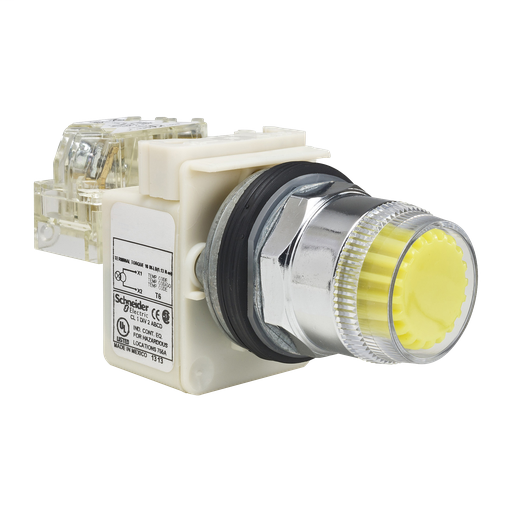 Product image for Square D 9001K1L1Y 30 mm Yellow Body Metal Bezel Momentary Full Guarded Round Illuminated Push Button Operator