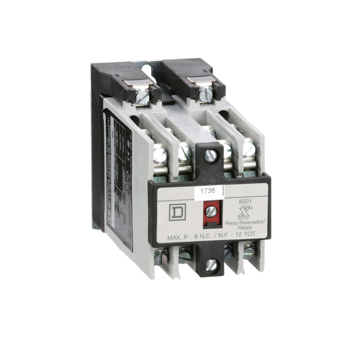 Product image for Square D 8501XO80V01 24 VAC 10/5 Amp 8-Pole 8NO Panel Mount AC Operated Control Relay
