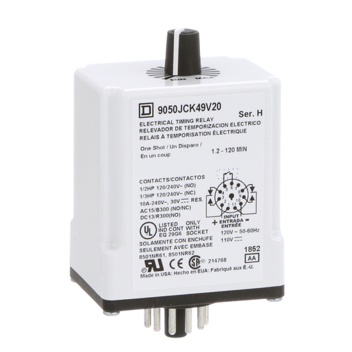 Product image for Square D 9050JCK49V20 120 VAC 110 VDC Coil 10 Amp DPDT Plug-In Socket Mount AC/DC Timing Relay