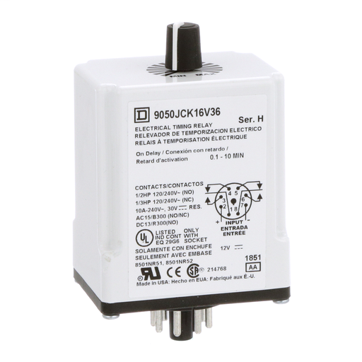 Product image for Square D 9050JCK16V36 12 VDC Coil 10 Amp DPDT Plug-In Socket Mount DC Timing Relay