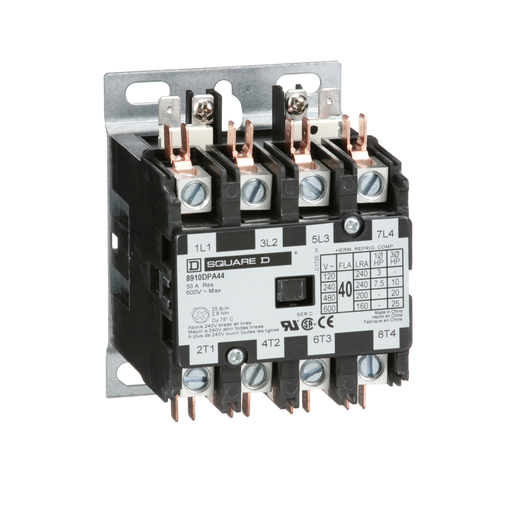 Product image for Square D 8910DPA44V06 440/480 VAC 40 Amp 4-Pole 4NO NEMA 1 Non-Reversing Definite Purpose Contactor