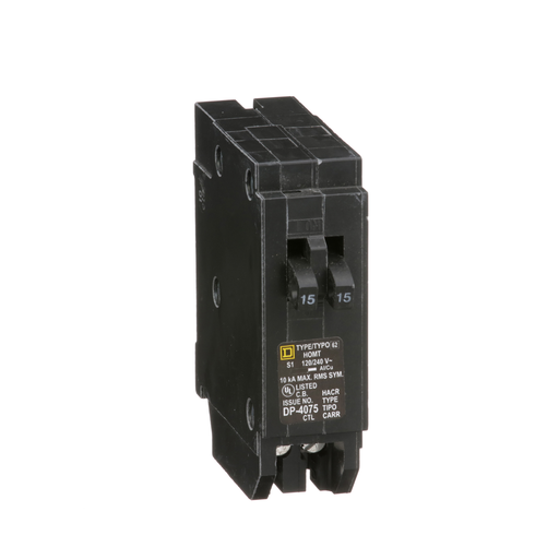 Tandem circuit breaker, Homeline, 2 x 1 pole at 15A, 120/240VAC, 10kA AIR, plug in, UL