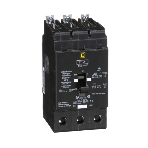 Mini circuit breaker, E-Frame, 70A, 3 pole, 480Y/277 VAC, 65 kA max, bolt on