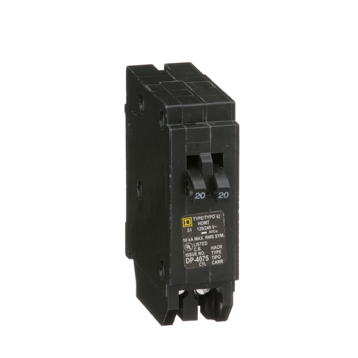 Tandem circuit breaker, Homeline, 2 x 1 pole at 20A, 120/240VAC, 10kA AIR, plug in, UL
