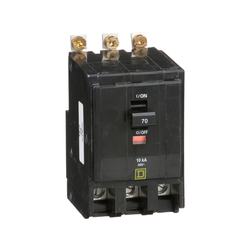 Mini circuit breaker, QO, 70A, 3 pole, 120/240VAC, 10kA, bolt on mount