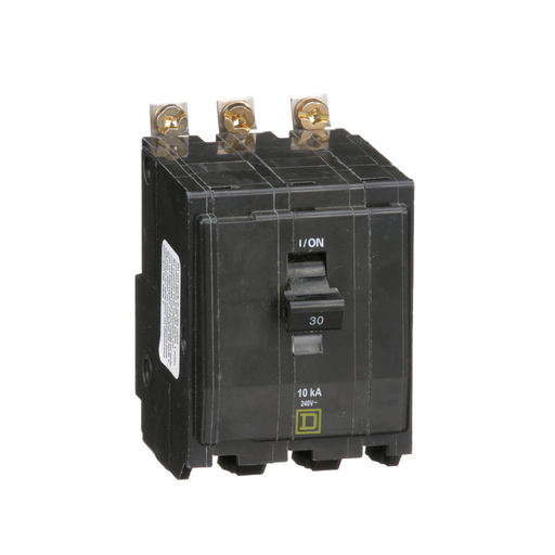 Mini circuit breaker, QO, 30A, 3 pole, 120/240VAC, 10kA, bolt on mount