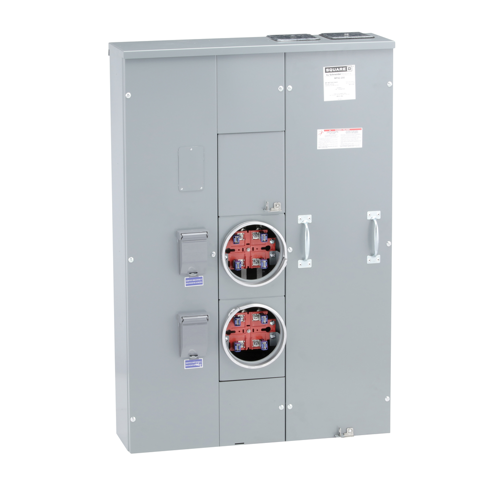 MP Meter Pak, meter center, two ringed sockets, no bypass, 4 jaws, OH, UG, 400 A bus, 200 A, 240