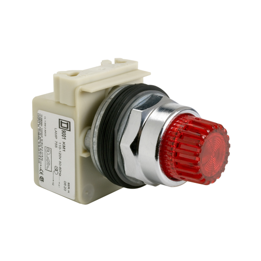 Illuminated push-button head, Harmony 9001K, metal, projecting, red, 30mm, spring return, LED red, 120V