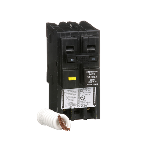 Mini circuit breaker, Homeline, 15A, 2 pole, 120/240VAC, 10kA AIR, ground fault class A, plug in, UL