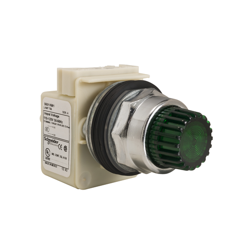 Illuminated push-button head, Harmony 9001K, metal, projecting, green, 30mm, spring return, LED green, 120V