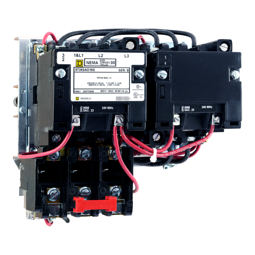 Mayer-NEMA Starter, Type S, reversing, horizontal, Size 00, 9A, 2 HP at 575 VAC, 5 kA SSCR, 3 phase, 3 pole, melting alloy overload, 240 VAC coil, open-1