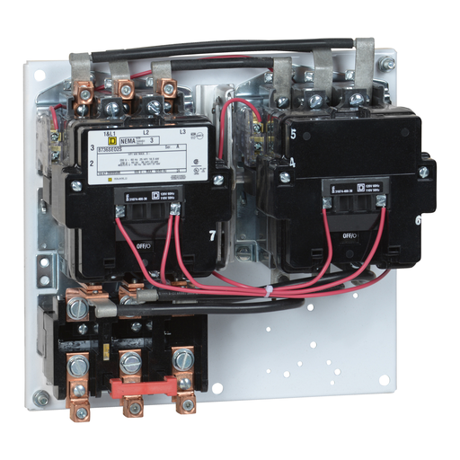 Mayer-NEMA Starter, Type S, reversing, horizontal, Size 3, 90A, 50 HP at 575 VAC, 5 kA SSCR, 3 phase, 3 pole, melting alloy overload, 240 VAC coil, open-1