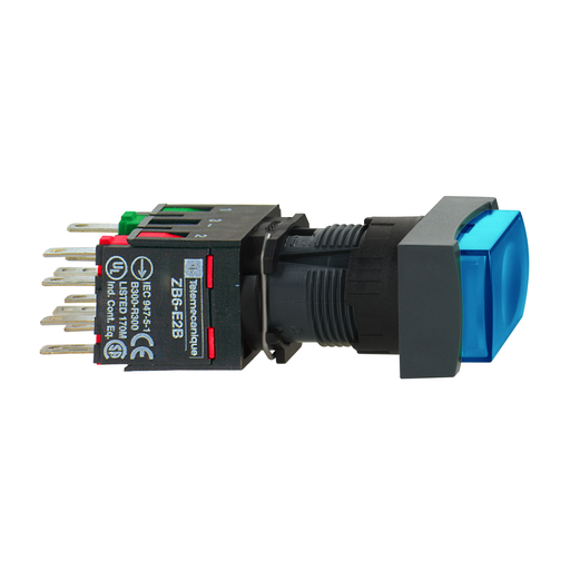 Complete push button, Harmony XB6, blue square flush pushbutton Ø 16 spring return 1NO+1NC unmarked