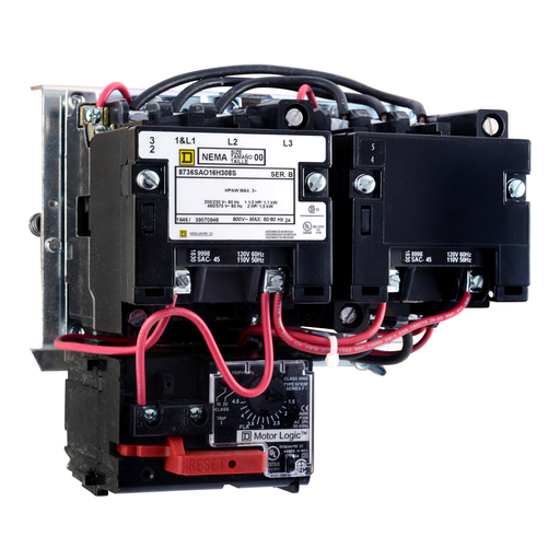 Mayer-NEMA Starter, Type S, reversing, horizontal, Size 00, 9A, 2 HP at 575 VAC, up to 100 kA SCCR, 3 phase, 3 pole, Motor Logic SSOLR, 120 VAC coil, open-1