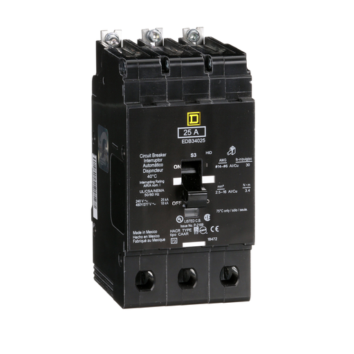 Mini circuit breaker, E-Frame, 25A, 3 pole, 480Y/277 VAC, 25 kA max, bolt on