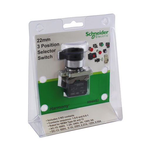 Selector switch, Harmony XB4, black, 22mm, 3 positions, stay put, 2NO