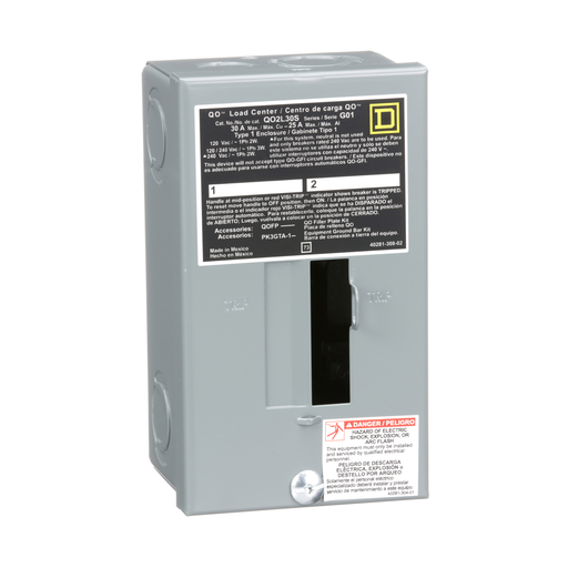 Load center, QO, 1 phase, 2 spaces, 2 circuits, 30A fixed main lugs, NEMA1, surface cover, UL