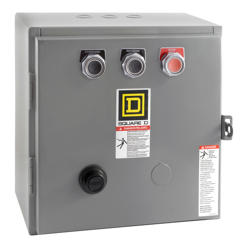 Mayer-NEMA Starter, Type S, reversing, horizontal, Size 0, 18A, 5 HP at 575 VAC, 5 kA SSCR, 3 phase, 3 pole, melting alloy overload, 208 VAC coil, NEMA 1-1
