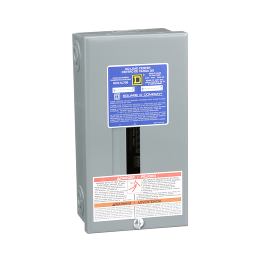 Load center, QO, 1 phase, 2 spaces, 4 circuits, 70A fixed main lugs, NEMA1, surface cover, UL