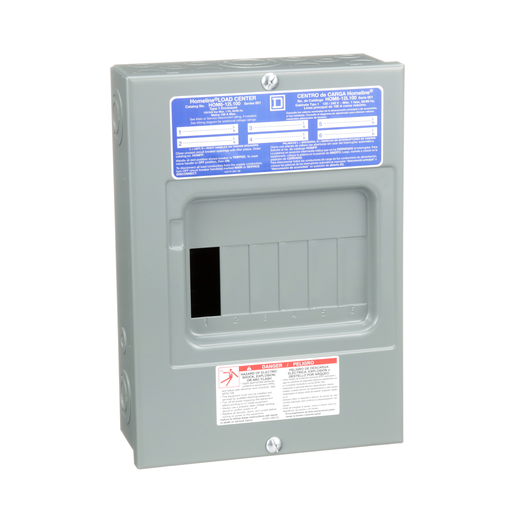 Load center, Homeline, 1 phase, 6 spaces, 12 circuits, 100A fixed main lugs, NEMA1, surface cover