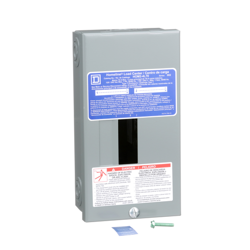 Load center, Homeline, 1 phase, 2 spaces, 4 circuits, 70A fixed main lugs, NEMA1, surface cover