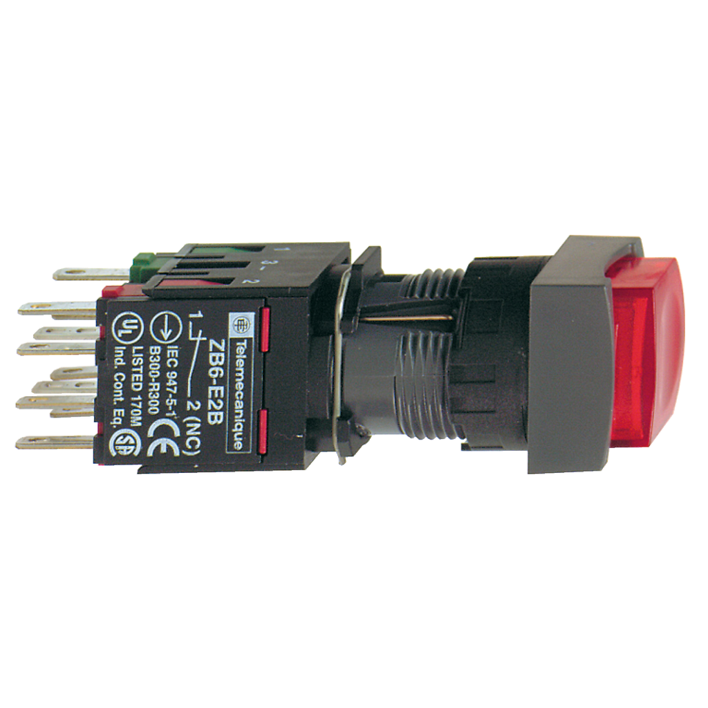 Product image for Square D XB6CE4B5B 16 mm 240 VAC 1.5 Amp 1NO 1NC Red Square Extended Return Illuminated Push Button