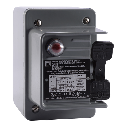 Product image for Square D 2510KW5B 600 VAC 230 VDC 30 Amp 10 Hp 2-Pole NEMA 4 1-Phase Manual Switch