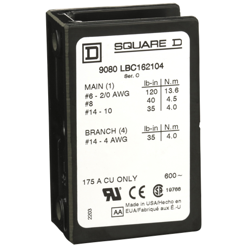 Product image for Square D 9080LBC162104 175 Amp 600 Volt 14 to 2/0 AWG Primary Phenolic 1-Pole Standard Power Distribution Block