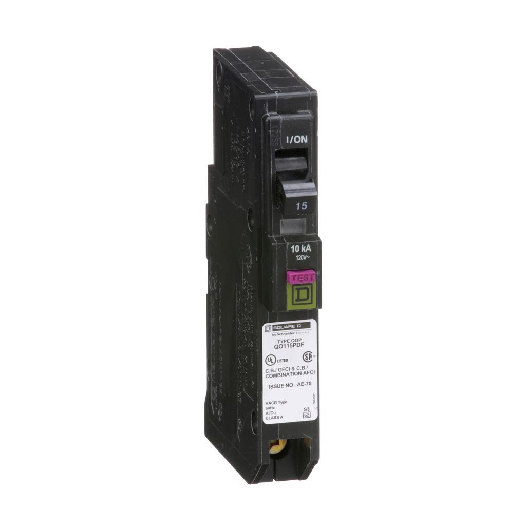 Square D QO115PDF Combination ArcFault & Ground Fault Circuit Breaker (PlugOn Neutral), 15A
