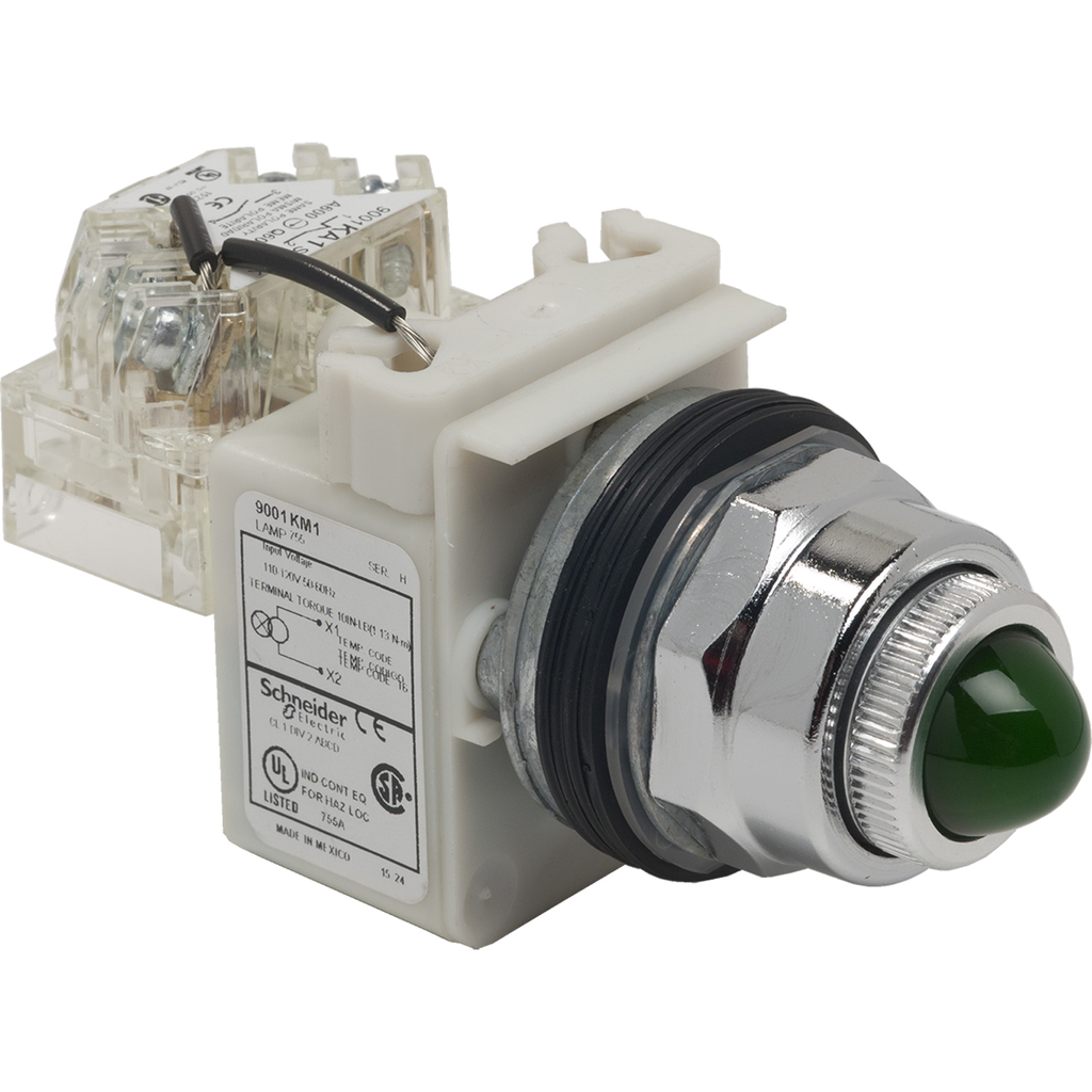 Product image for Square D 9001KT1G6 30 mm 120 VAC Green Lens Metal Bezel Push to Test Round Pilot Light